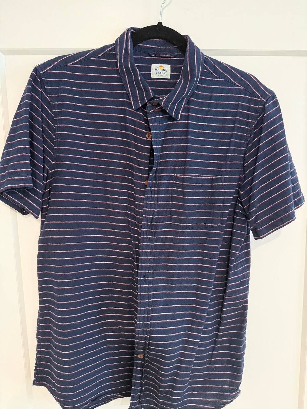 Marine Layer Navy Shirt with Pink Stripes